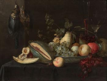 Coupe De Fruits Sur Un Entablement Et Oiseaux Suspendus by 
																	Pieter van Overschie